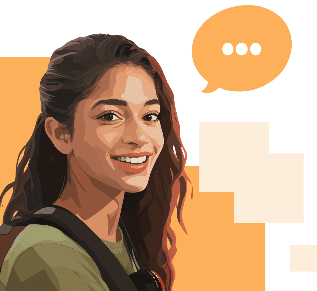 Diese Illustration zeigt eine junge Frau mit einer Sprechblase, die den visuellen Teil des FAQ-Bereichs darstellt.